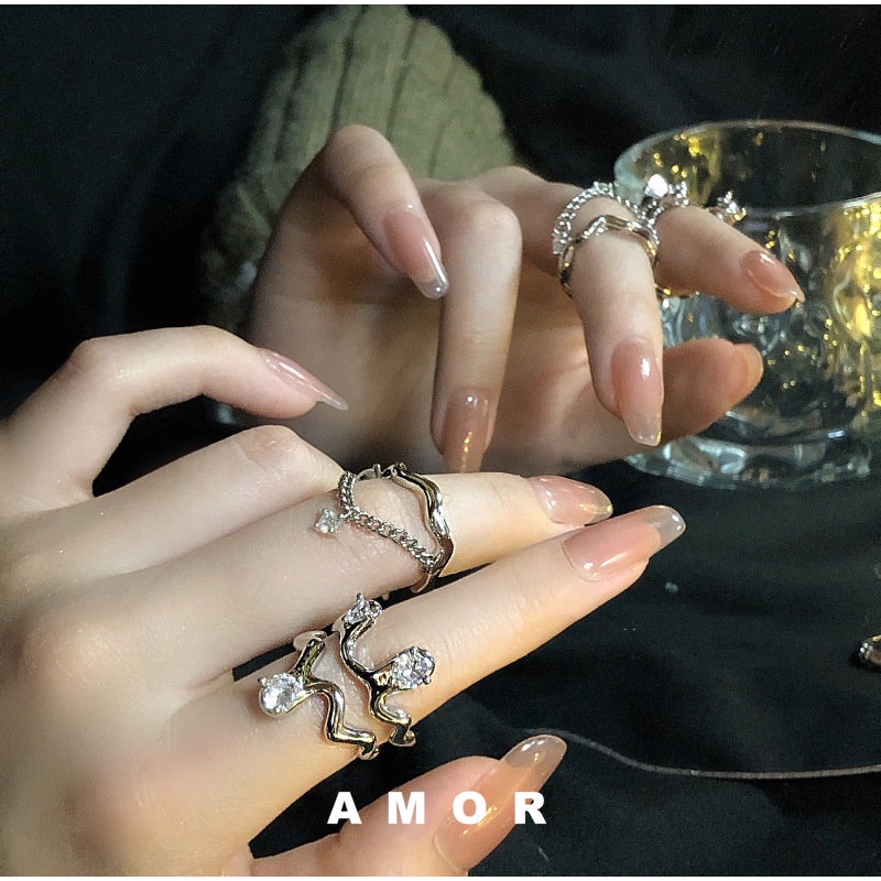 Ins Nhẫn Hở Đính Đá zircon Kiểu Hàn Quốc Cao Cấp Nhẹ Nhàng Không Đều Có Thể Điều Chỉnh