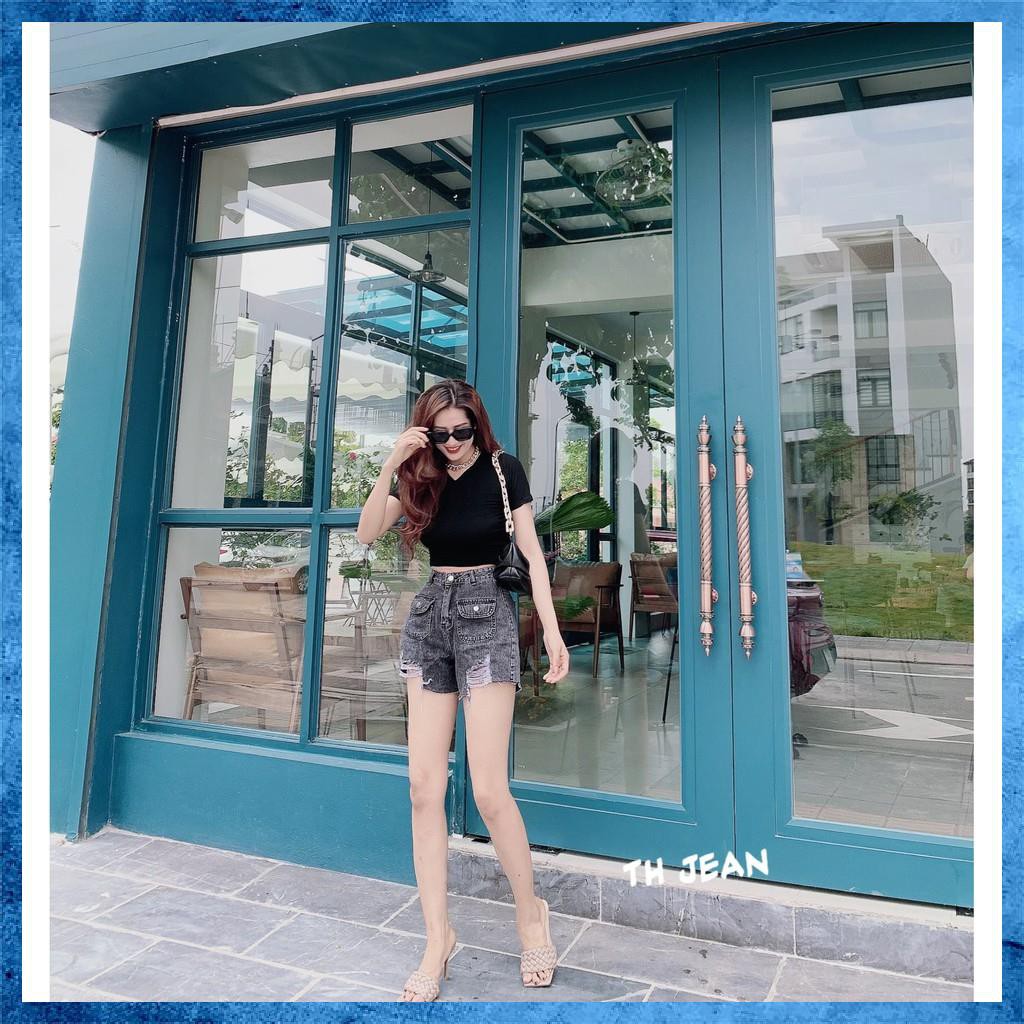 [Jeans nữ thiết kế] Quần sooc bò rách, quần shorts jeans lưng cao, túi nắp 1 khuy. Mã S7095