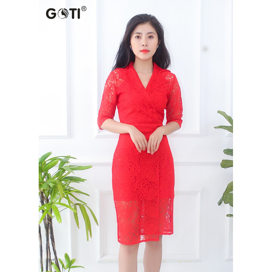 GOTI - Hình Thật - Đầm Ôm Công Sở Nữ Kiểu Ren Cổ Bẻ Phối Nút Tay Lỡ Màu Đỏ 3037