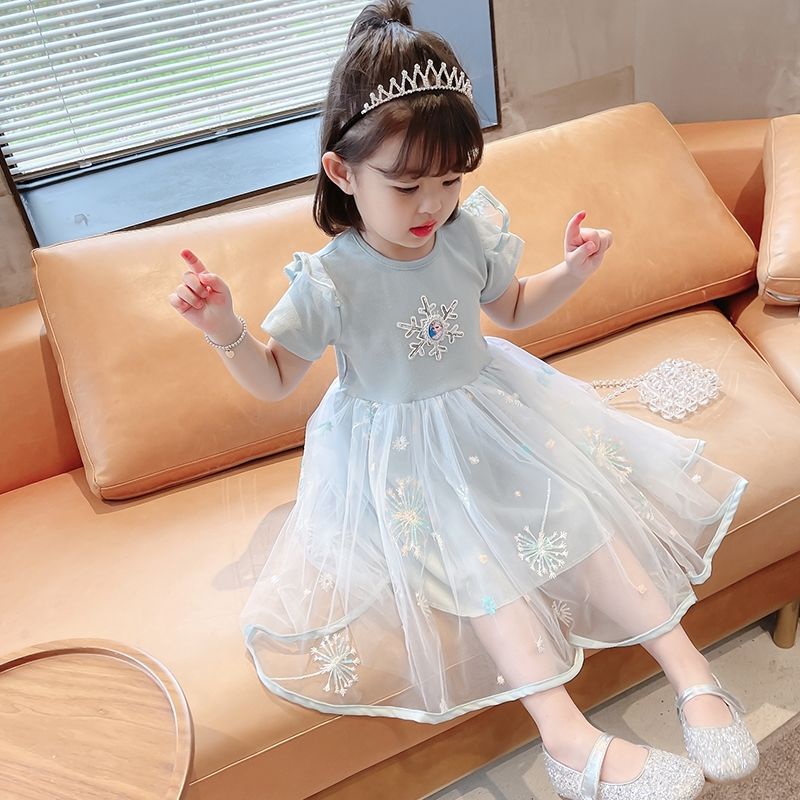 Đầm công chúa Elsa phối lưới tay bèo thời trang mùa hè cho bé gái