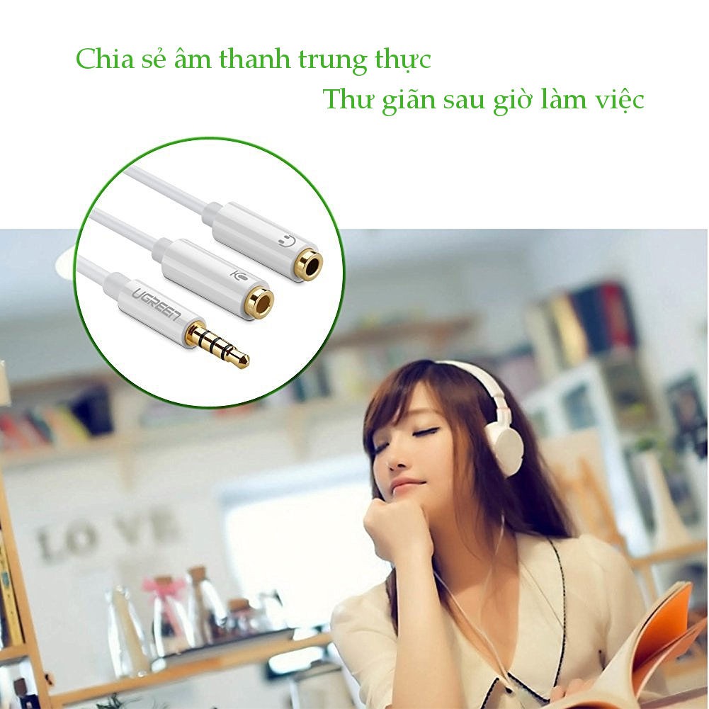 Dây chuyển đổi 3.5mm đực sang hai đầu Mic + Loa chuẩn 3.5mm (cái)  UGREEN 10789