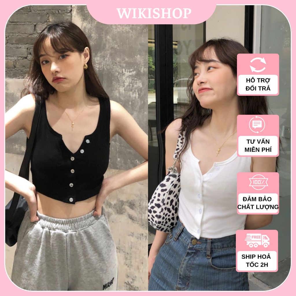 Áo thun 3 lỗ nữ, áo croptop ba lỗ nữ hở vai 6 cúc dáng lửng khoe eo đen trắng tập gym yoga sexy hàn quốc Wikishop C740