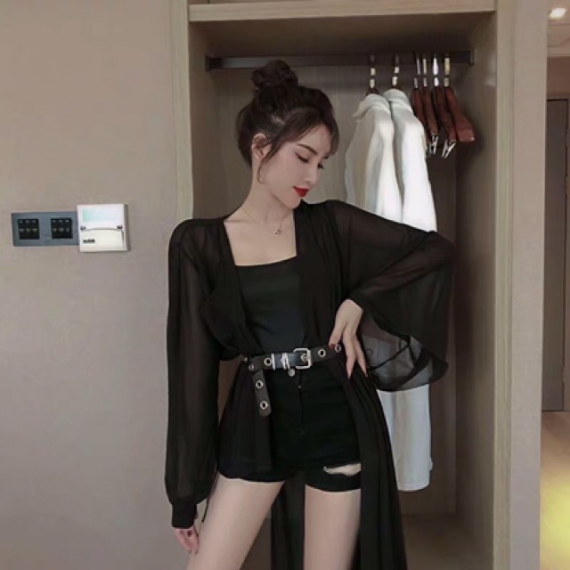 [ORDER+ẢNH THẬT] Set Áo choàng đen voan mỏng dài vạt chéo + đai xích Ulzzang siêu chất 😍