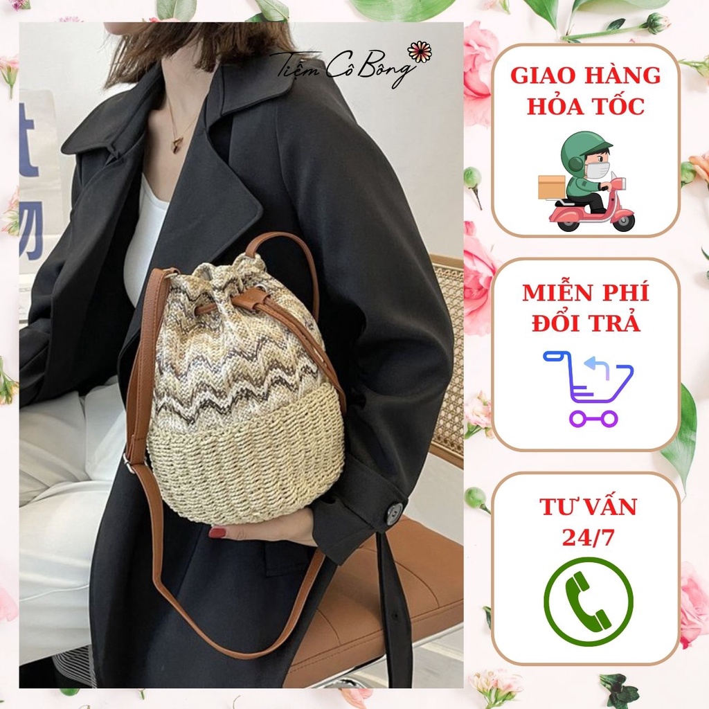Túi Bucket cói phối da đeo vai đeo chéo dây rút họa tiết thổ cẩm (Hàng có sẵn)