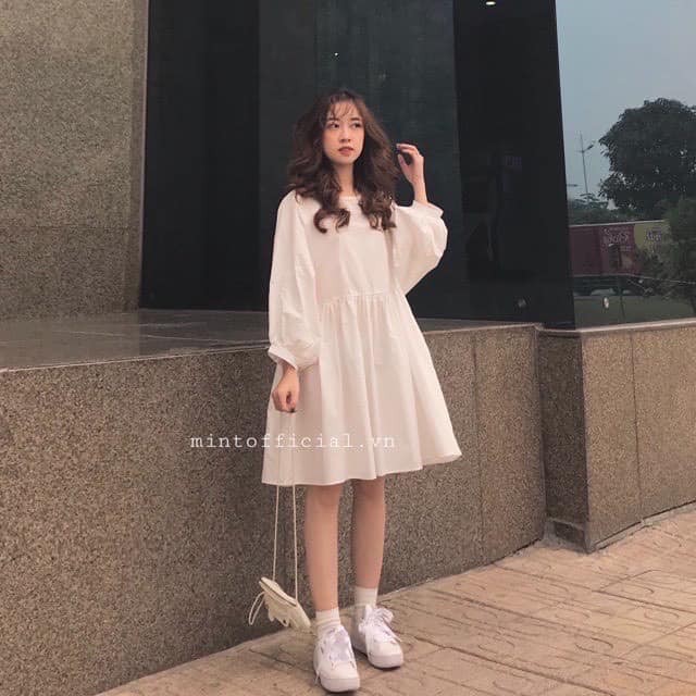 Đầm Babydoll Tay Phồng 🌸 Váy Nữ Trơn Dáng Xòe 2 Màu Đen Trắng  ,Kho Hàng Chuyên Đồ Sỉ