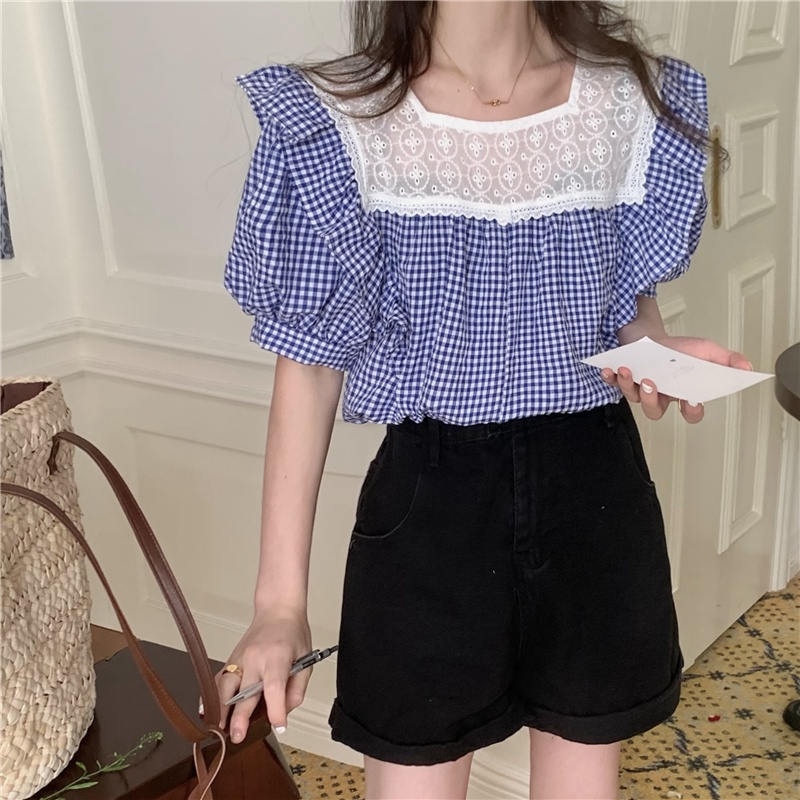 Áo Sơ Mi Tay Ngắn Cổ Vuông Họa Tiết Sọc Caro Phong Cách Retro Cho Nữ