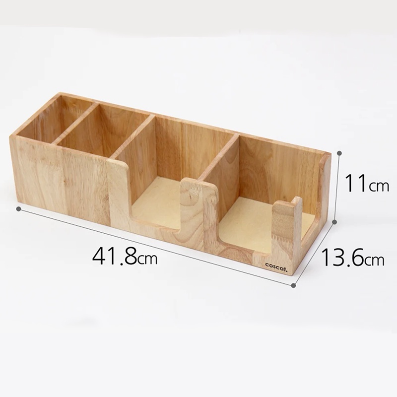 Kệ Đựng Ống Hút, Trà  Cà Phê, Đường Que, Khăn Giấy 4 Ngăn Khay Bằng Gỗ Thông Cao Cấp