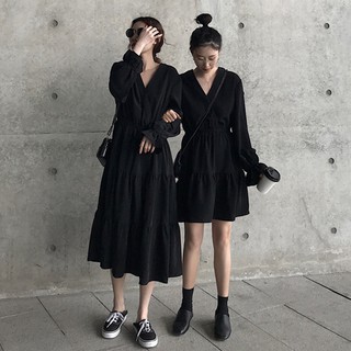 (HÀNG SẴN) Váy cổ V dáng dài/ dáng ngắn cho đôi bạn thân - có ảnh thật