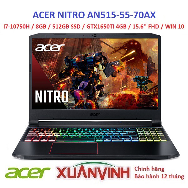 LAPTOP ACER NITRO AN515-55-70AX I7-10750H 8GB 512GB SSD GTX1650TI 4GB 15.6'' FHD WIN 10 (Quà tặng, MỚI 100% CHÍNH HÃNG) | WebRaoVat - webraovat.net.vn