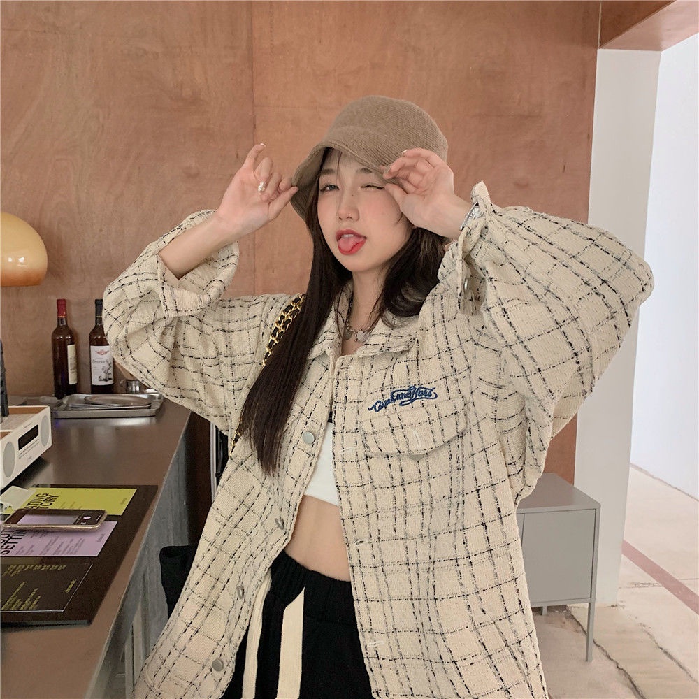 Áo khoác dáng rộng họa tiết sọc caro phong cách Hàn Quốc thời trang xuân thu dành cho nữ
