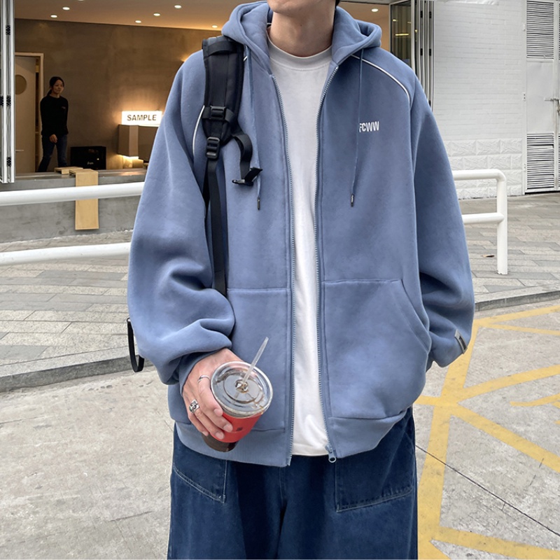Áo khoác sweater tay dài có mũ trùm dáng rộng in họa tiết phong cách Hàn Quốc thời trang mùa thu dành cho bạn nam