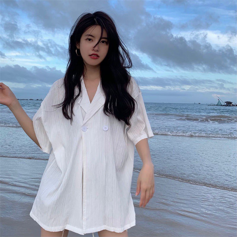 Ethelgirl Áo Sơ Mi Tay Ngắn Dáng Rộng Cổ Bẻ Phong Cách Hàn Quốc Thời Trang 2 Màu Tùy Chọn Cho Nữ