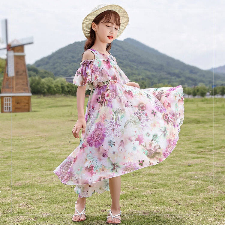 váy cho bé gái IQ ANGEL dài ngang gối vải voan thoáng khí in hoa thời trang hè cho bé gái