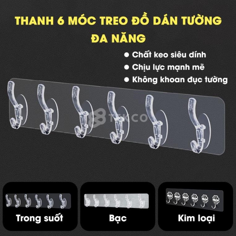 Thanh 6 Móc Dán Tường Siêu Dính Trong Suốt Treo Đồ, Quần Áo, Khăn, Đồ Dùng Nhà Bếp - Siêu Dính, Siêu Chịu Lực