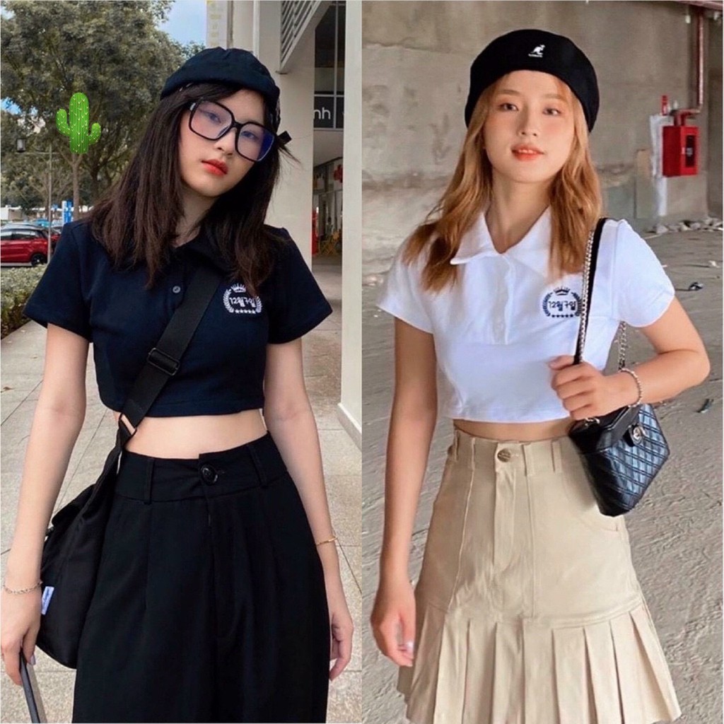 Áo thun croptop polo chữ Hàn tay ngắn năng động trẻ trung