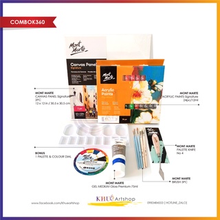 COMBOK360_Acrylic 24pc,12ml, 2 tấm ép canvas 12x12in,1 knife N04, 1 gloss 75ml, 1 set 5 cọ vẽ Mont Marte, kèm quà tặng