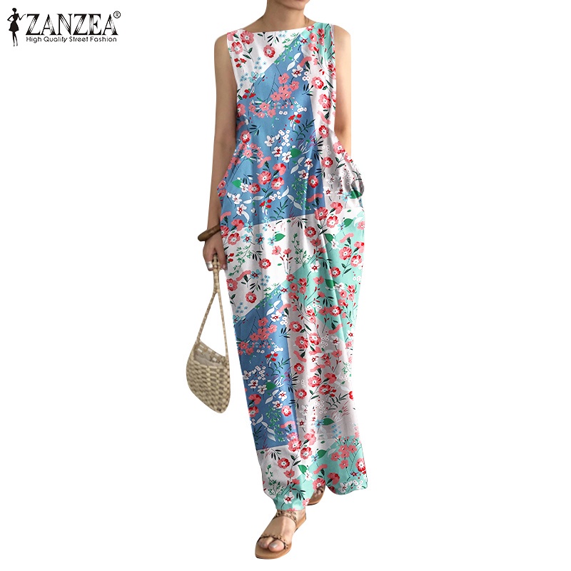 Đầm dài ZANZEA không tay cổ tròn in họa tiết hoa retro cho nữ