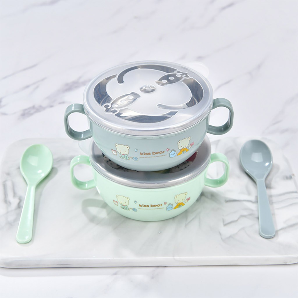 Bát ăn dặm cho bé, Bát Ăn Inox Cách Nhiệt Có Tay Cầm Kèm Muỗng Và Nắp Cho Bé-Khoaibaby