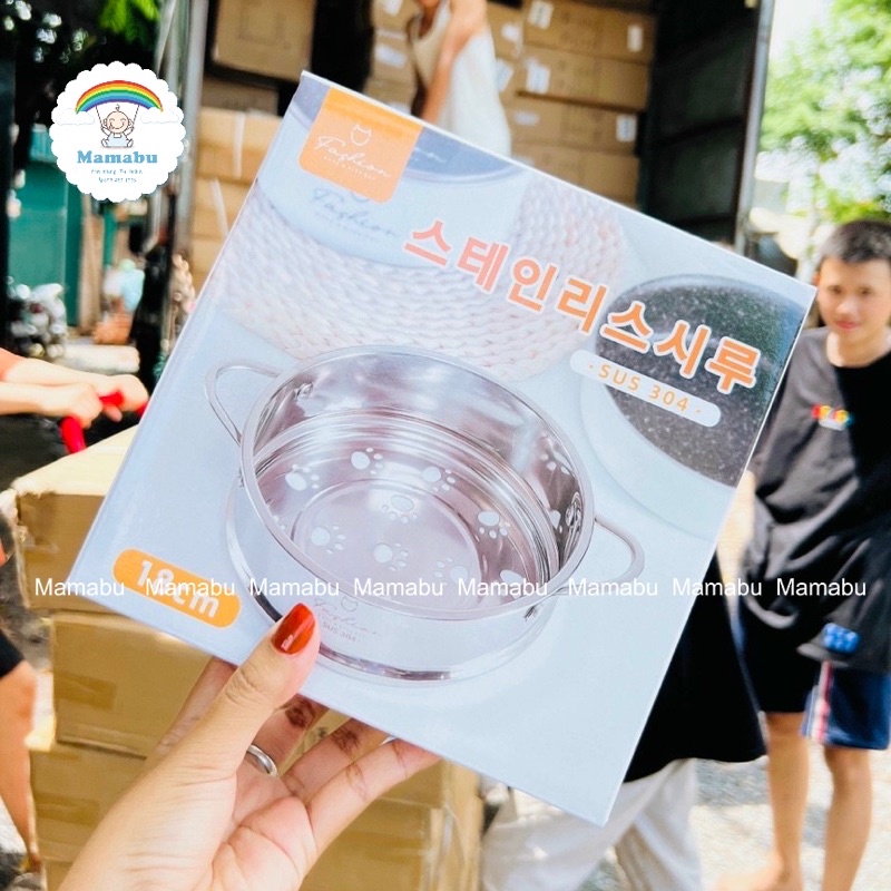 Xửng Hấp , Vỉ Hấp, Giá Hấp Đồ Ăn Cho Bé Bằng Inox 304 Hàng Cao Cấp Xuất Hàn Có Hộp Đựng An Toàn Size 16cm Và 18cm Mamabu