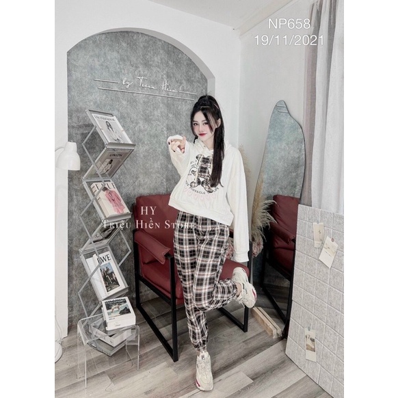 sét bộ thể thao quần caro kate phối áo thun nón cute