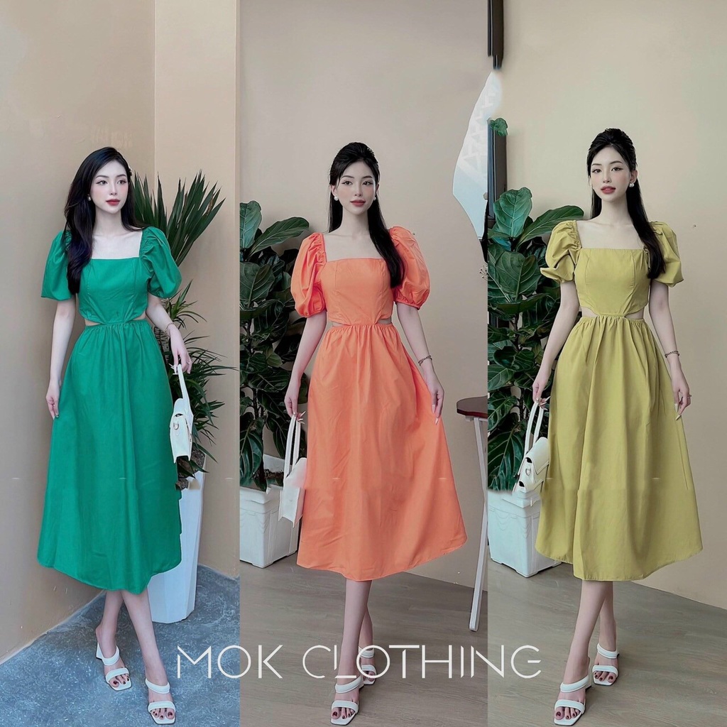 [8.8 Sales Freeship] Đầm công chúa tay phồng dáng dài, đầm trơn màu cổ vuông hở eo dáng xòe phong cách hàn quốc