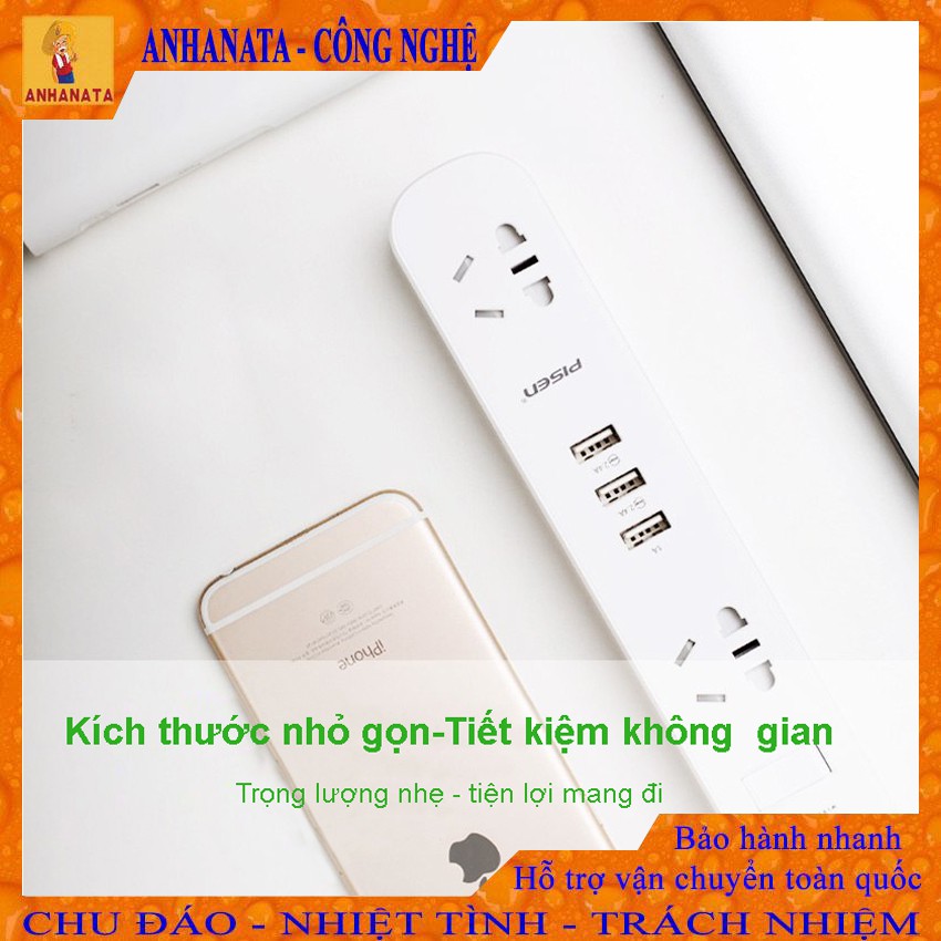 Ổ Cắm Điện Đa Năng Pisen KY-23 EP, 3 Ổ USB, 2 Ổ Điện AC, Chống Cháy, Có Nắp Che An Toàn Cho Gia Đình Và Trẻ Nhỏ