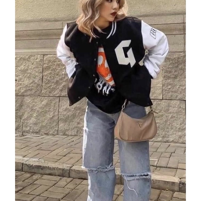 Áo Khoác Bomber Nỉ Chữ G Tay Bồng Bo Dệt Dáng Unisex Nam Nữ