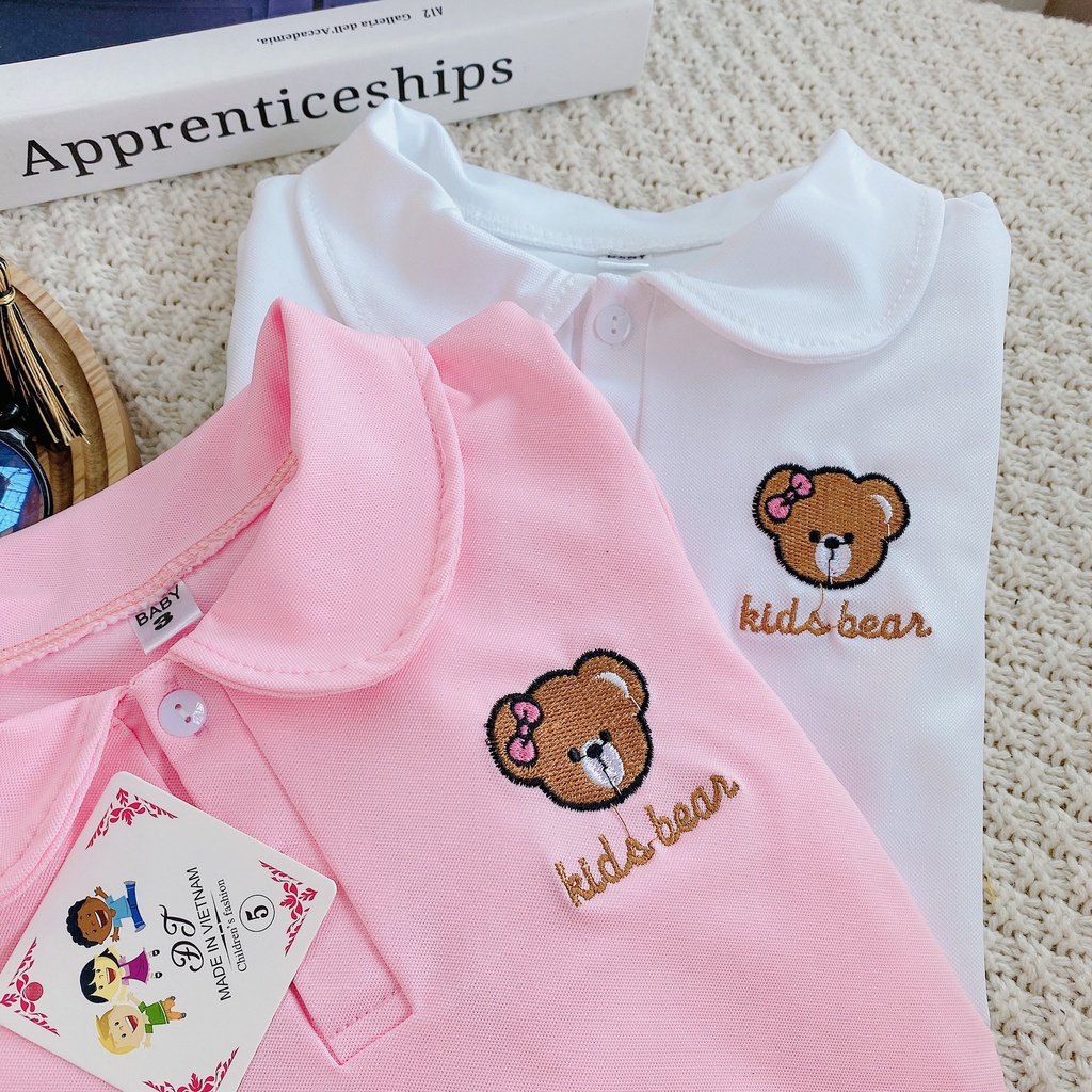 TẾT 2023: VÁY, ĐẦM POLO DÀI TAY thêu gấu BEAR cho bé gái 14-28kg