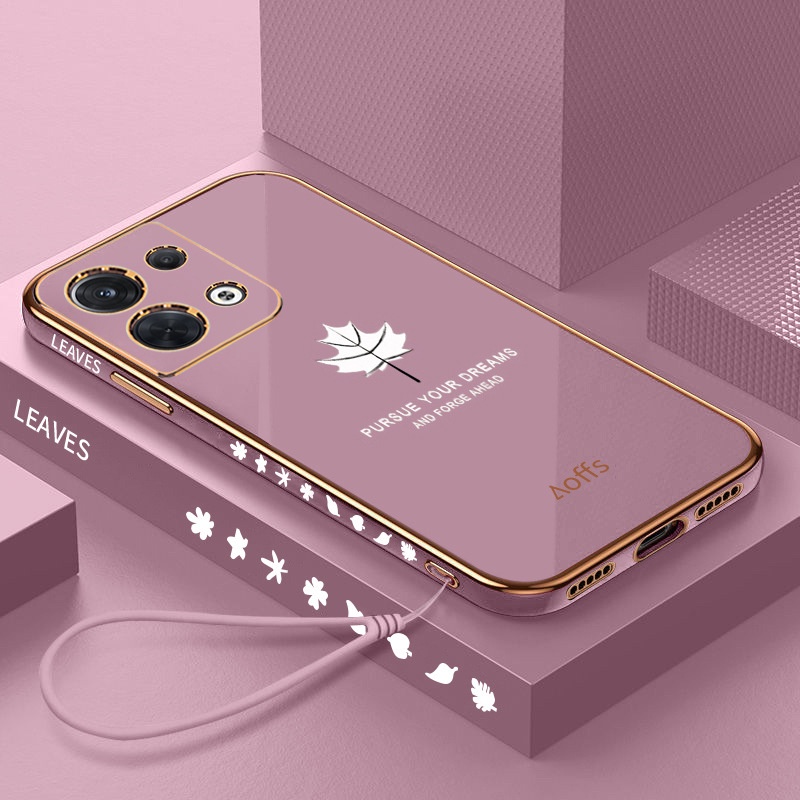 Ốp Điện Thoại Silicon Mềm Màu Kẹo Hình Lá Phong 6D Có Dây Đeo Cho Oppo Reno 8 7 6 5 Pro 4G 5G A54 A15 A15S A16K A16E