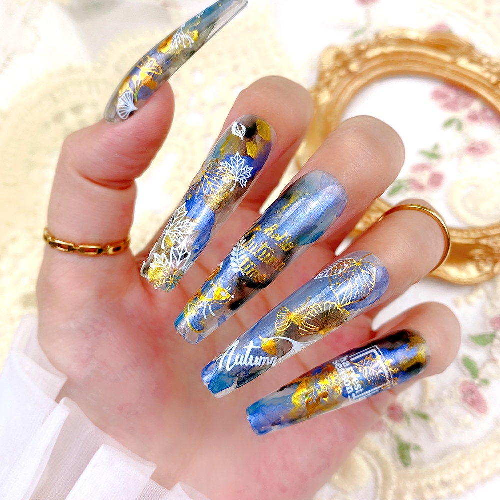 Set 9 Nhãn Dán Trang Trí Móng Tay Nghệ Thuật Màu Vàng Laser Họa Tiết Lá Phong Mùa Thu Ginkgo