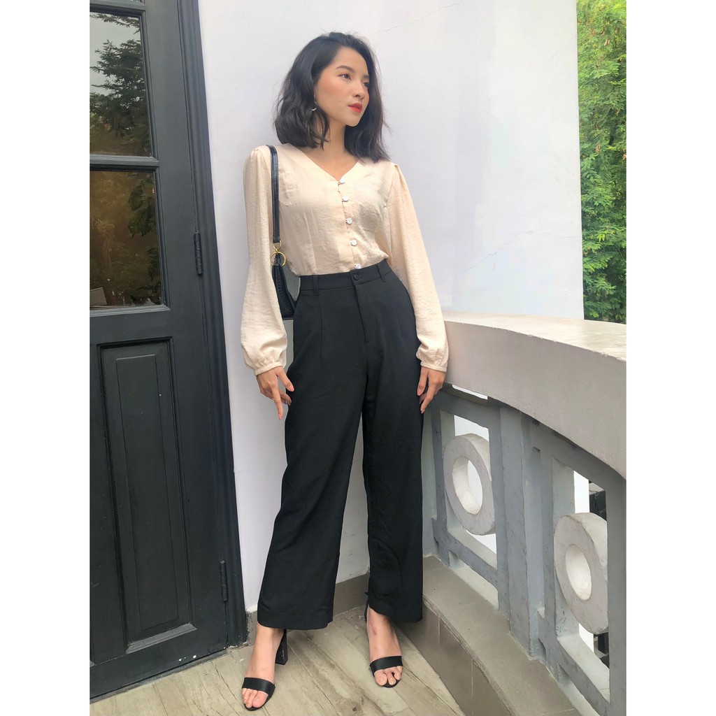 Quần ống rộng nữ lưng cao nút suông dài lưng thường (ko thun sau) 4 màu | BigBuy360 - bigbuy360.vn