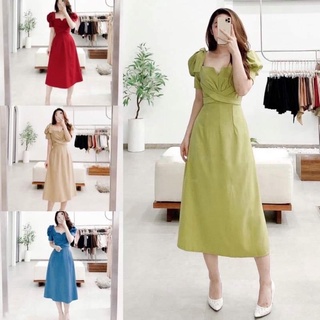 Đầm cổ vuông maxi nơ vai 4 màu