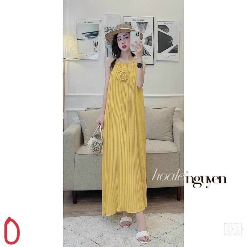 Đầm maxi hai dây dập ly phối hoa nhỏ siêu dễ thương hình thật
