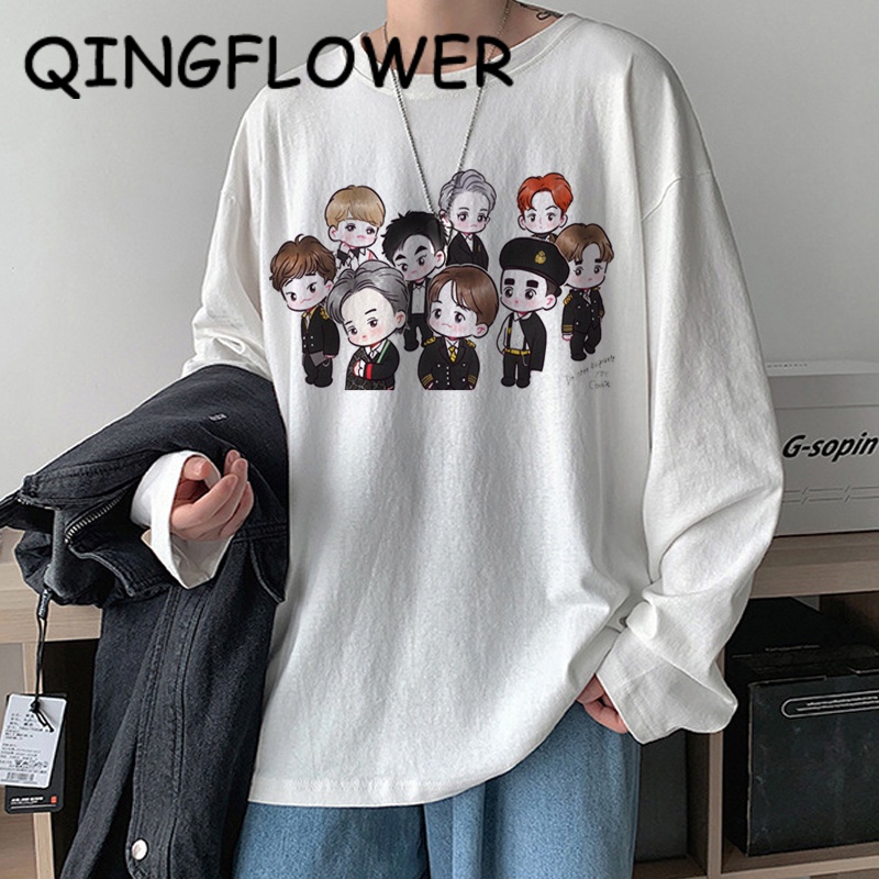 exo Spring and Autumn White áo thun Women's Korean-Style Couple Solid Color áo thun Coat Hong Kong Style Tay áo dài Long Sleeve Loose Top Outdoor All-Matching