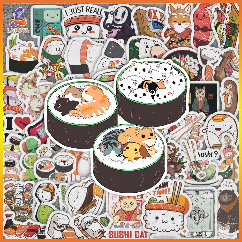 Set 50 cái Sticker Sushi, Hình Dán Sushi Chống Nước, Decal Sushi Cute dán mũ bảo hiểm, vali, latop