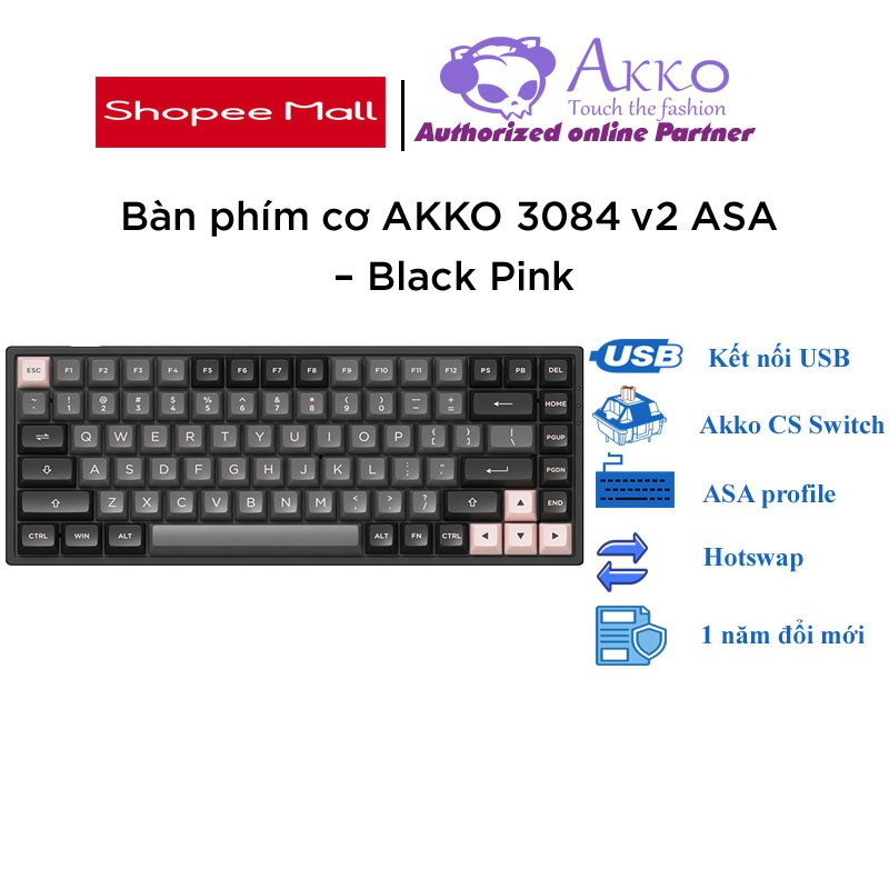 Bàn phím cơ AKKO 3084 v2 ASA – Black Pink (AKKO CS switch / Hotswap / Foam tiêu âm)