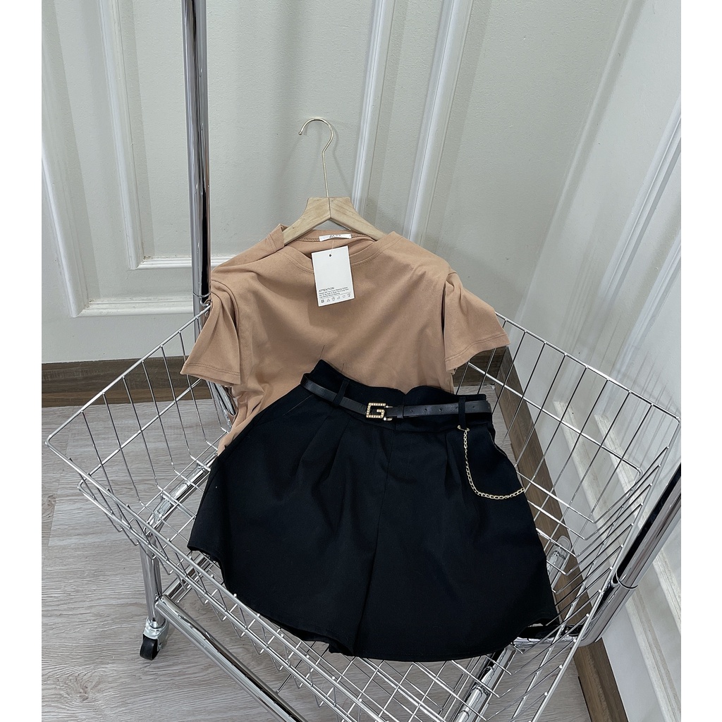 Set áo phông trơn nâu tây kèm thắt lưng mix quần short đùi DN557