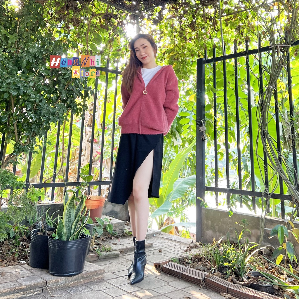Áo Khoác Len Lông Dây Kéo Có Nón 2 Túi Dáng Rộng Cao Cấp Ulzzang