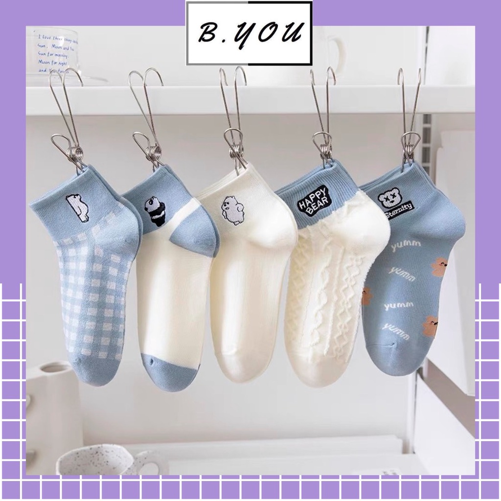 Tất nữ cổ ngắn họa tiết hình gấu happy bear dễ thương, phong cách trẻ trung, chất liệu co dãn, thấm hút mồ hôi
