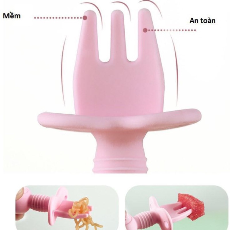 Set thìa dĩa tập xúc silicon có nút chặn hình gấu xinh xắn cho bé tập ăn từ 9-15m
