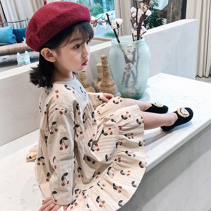 Đầm công chúa tay dài in họa tiết quả cherry đáng yêu thời trang dành cho bé gái