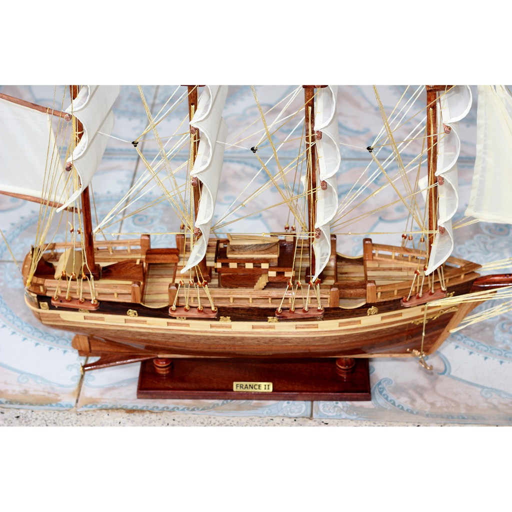 Thuyền gỗ phong thủy France II dài 80cm gỗ tự nhiên, mô hình thuyền buồm trang trí, quà tặng khách hàng