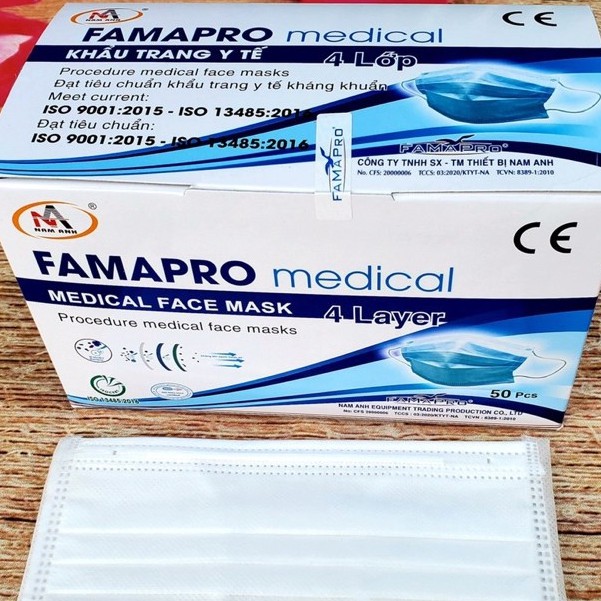 [Hộp 50 cái] khẩu trang y tế kháng khuẩn 4 lớp cao cấp FamaPro Nam Anh