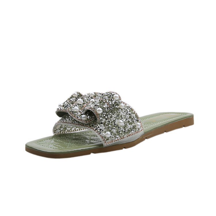 Dép đế bằng IELGY mũi vuông đính ngọc trai nhân tạo phong cách Hàn Quốc cho nữ