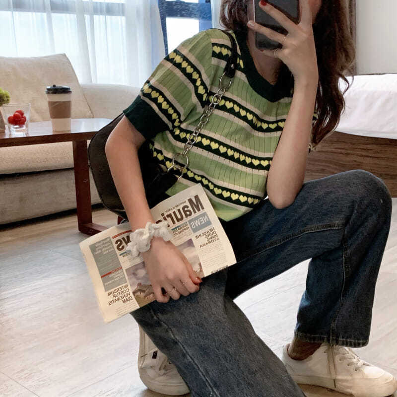 Áo Dệt Kim Ngắn Tay Dáng Rộng Xinh Xắn Cho Nữ Kiểu Hàn Quốc