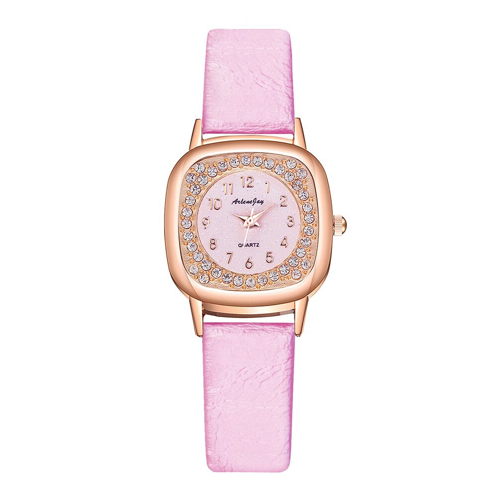 Đồng hồ đeo tay dây đeo bằng da và mặt đính đá thời trang sang trọng cho nữ