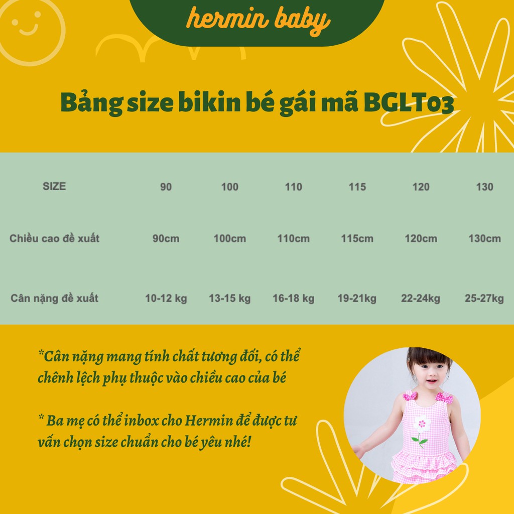 Bikini bé gái liên thân họa tiết kẻ hồng và thêu hoa đáng yêu - Mã BGLT03