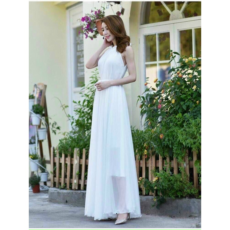 Váy đầm nữ maxi dáng dài cổ yếm cột nơ eo chất voan cao cấp 2 lớp