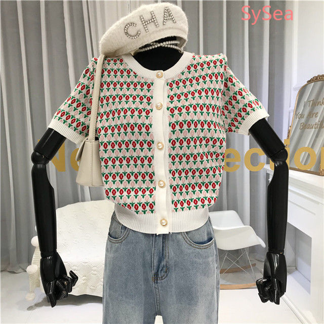 Áo Croptop Dệt Kim Tay Ngắn Mùa Hè Phối Khuy Ngọc Trai Thời Trang Dịu Dàng Cho Nữ