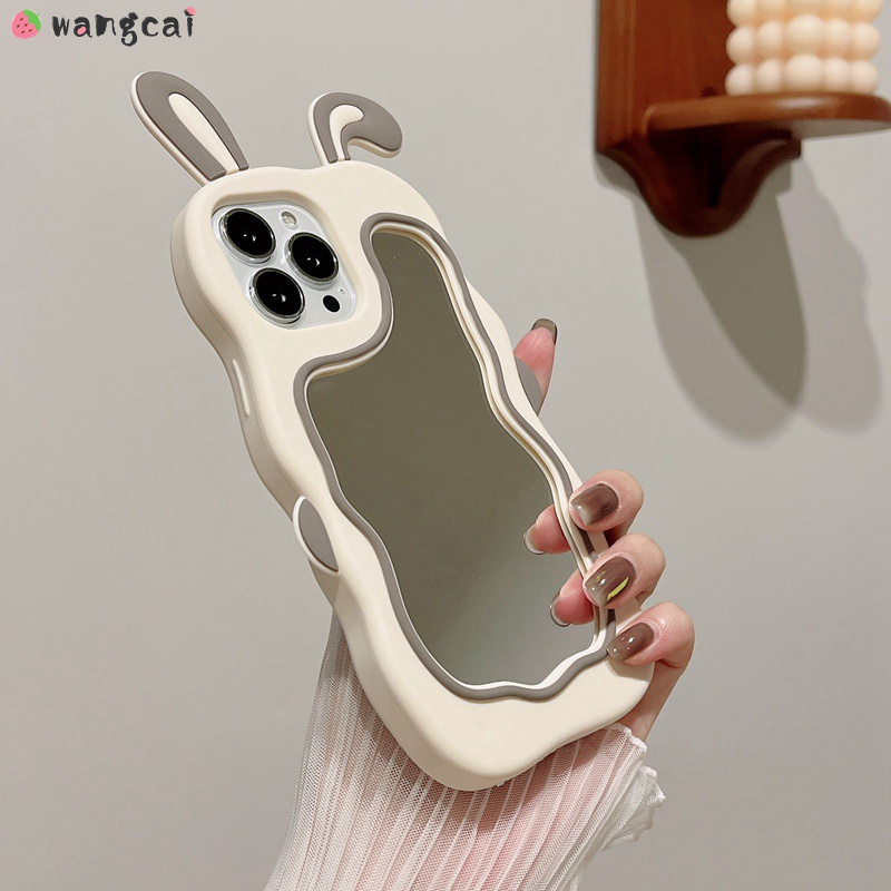 Ốp Điện Thoại Silicone Mềm Mặt Gương Trang Điểm Thiết Kế Tai Thỏ 3D Cho iPhone 13 12 11 Pro Max